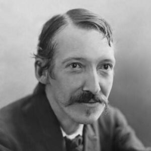 Robert Louis Stevenson author photo. Black and white headshot of a man with parted hair and a moustache.