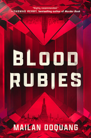 Blood Rubies cover, featuring a red ruby background with skylines of New York City and Thailand