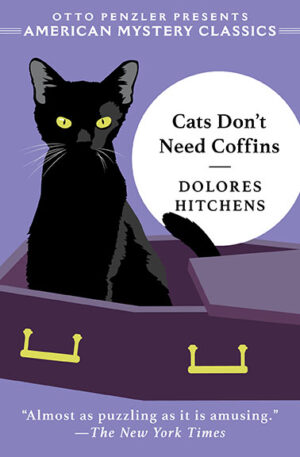 Against a purple background, a black cat sits in a darker purple coffin. The title and author appear in a white circle on the righthand side.