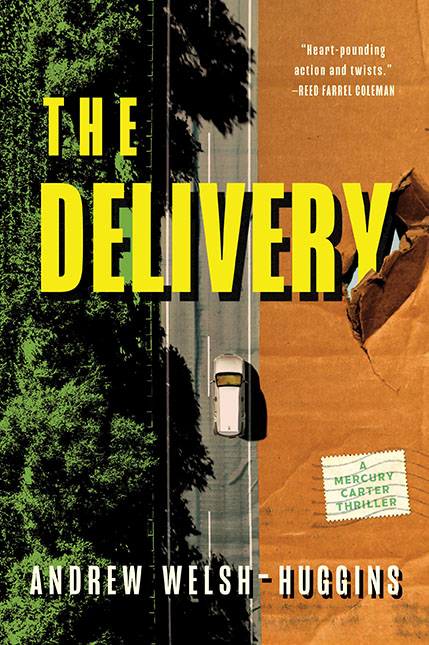 Yellow text spells out "The Delivery" in all caps. A cardboard box takes up the righthand side of the image. The lefthand side is an aerial view of a white car driving down a tree-lined road.