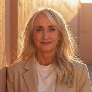 Author Renda Knapp standing in a sunlit space wearing a white shirt and tan blazer.